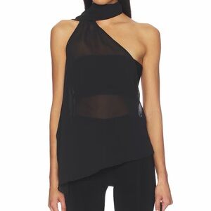 superdown Black One-Shoulder Chiffon Halter Top